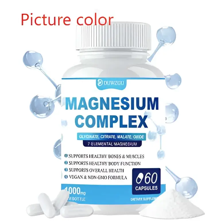 White plastic bottle of dunwegu ultimate magnesium supplement complex capsules with blue label and white cap