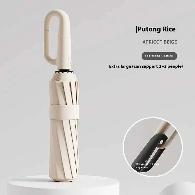 Apricot beige putong rice buckle umbrella with a sleek ribbed design and curved handle for bone ring buckle style