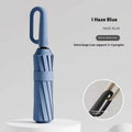 Ultra thin matte blue foldable umbrella with modern curved handle and ribbed shaft featuring bone ring buckle design
