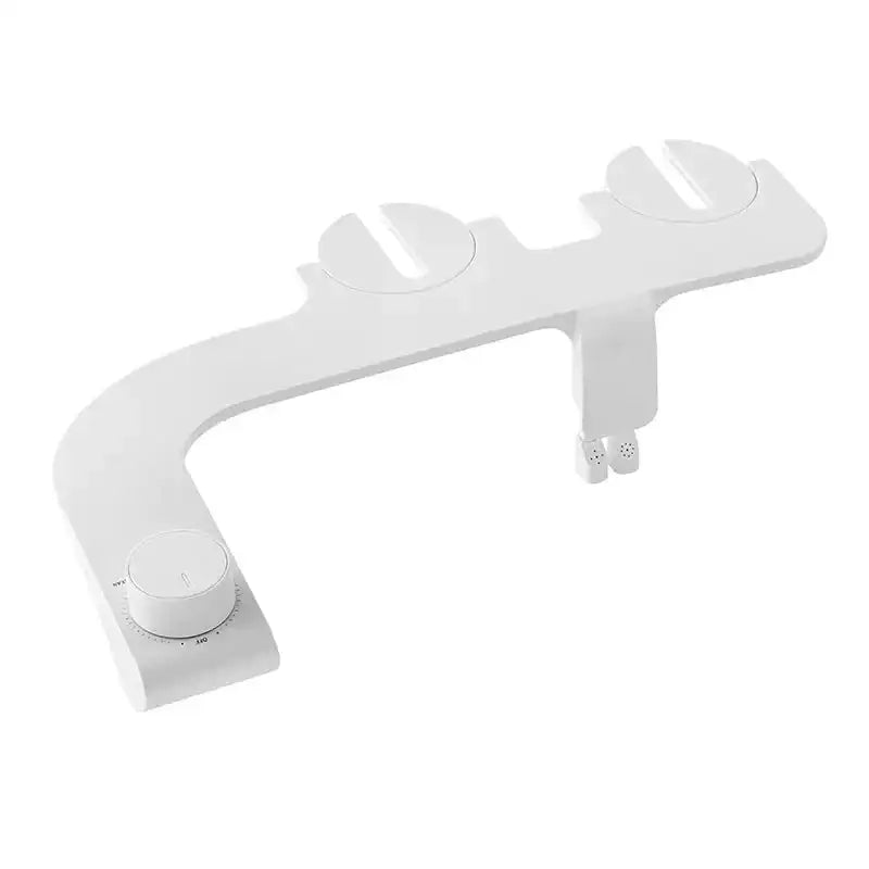 White plastic ultra-thin dual nozzle bidet toilet cleanser with black rotary dial for water flow control