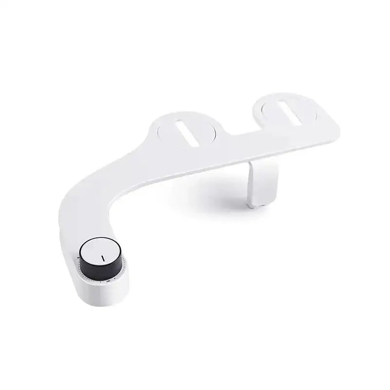 White plastic ultra-thin dual nozzle bidet toilet cleanser with black rotary dial for water flow control