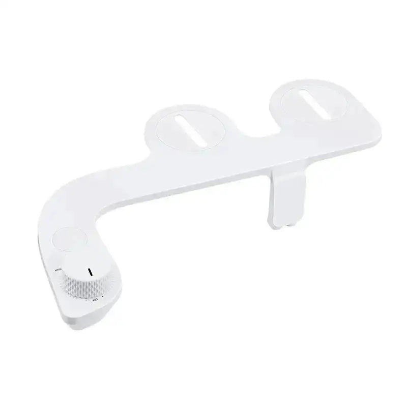 White plastic ultra-thin dual nozzle bidet seat with two circular openings and a control knob for bidet toilet cleanser use