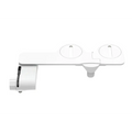 White plastic ultra-thin dual nozzle bidet toilet cleanser seat attachment with two flush buttons and cylindrical nozzle