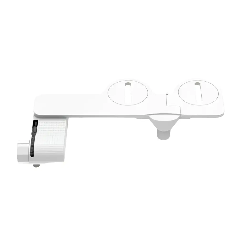 White plastic ultra-thin dual nozzle bidet toilet cleanser seat attachment with two flush buttons and cylindrical nozzle