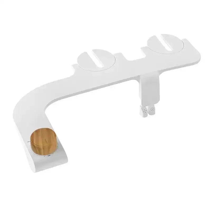 Ultra-thin dual nozzle bidet toilet cleanser in white with wooden dial and dual nozzle bidet heads for hygiene cleaning