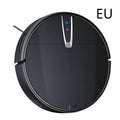 Black circular sweeping robot with sleek matte finish and silver control strip ultra-thin mopping integrated design