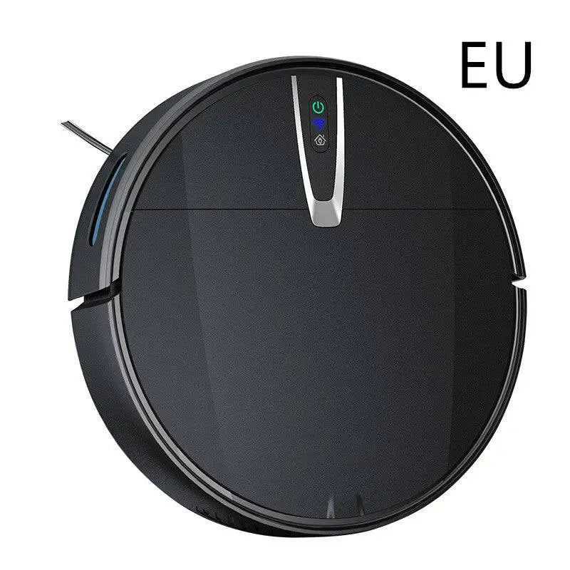 Black circular sweeping robot with sleek matte finish and silver control strip ultra-thin mopping integrated design
