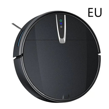Black circular sweeping robot with sleek matte finish and silver control strip ultra-thin mopping integrated design