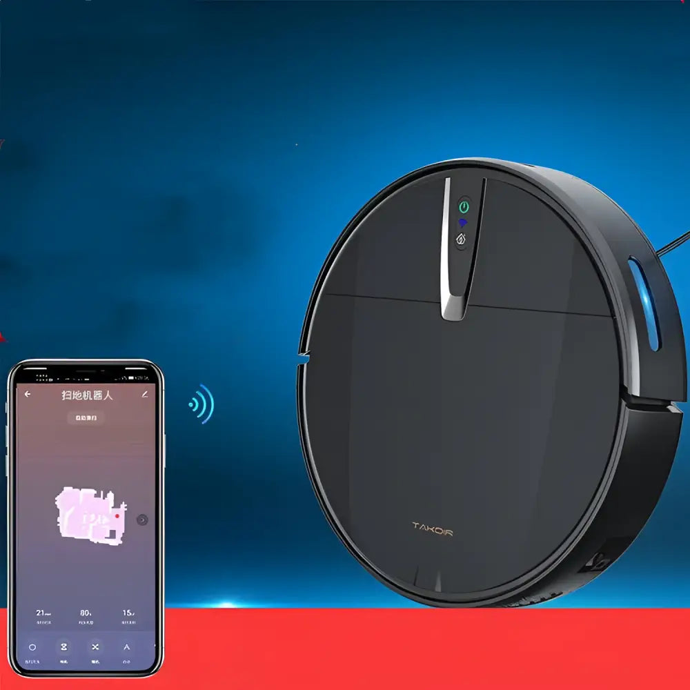 Black circular takor sweeping robot with ultra-thin mopping integrated and silver control panel with blue lighting