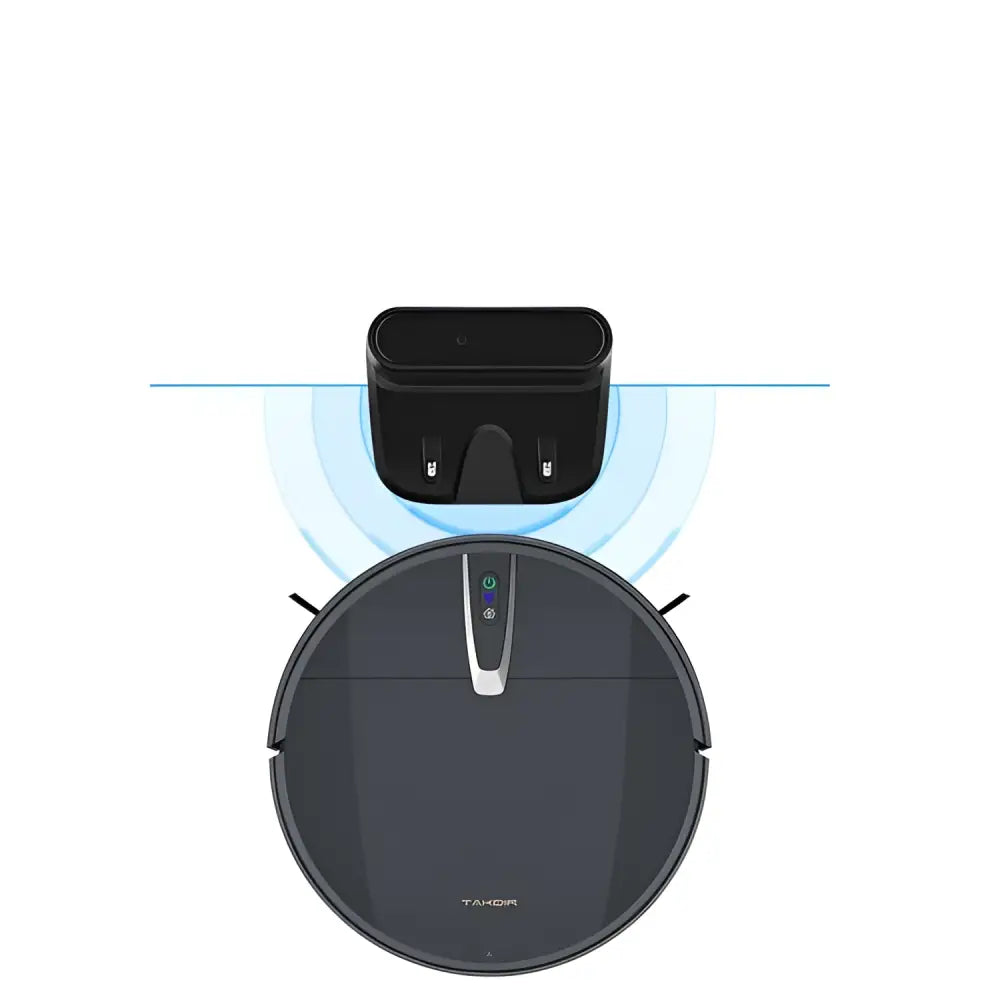 Black ultra-thin mopping integrated sweeping robot with silver accent and takor branding next to black charging base for automatic refilling sweeping