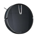 Black circular sweeping robot with ultra-thin mopping integrated design and silver control panel with illuminated buttons