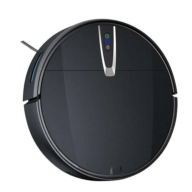 Black circular sweeping robot with ultra-thin mopping integrated design and silver control panel with illuminated buttons