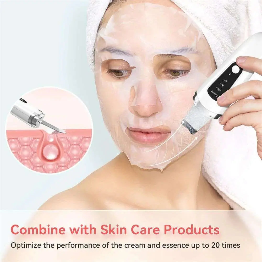 White handheld ultrasonic facial skin scrubber with black control panel and usb rechargeable anti-acne function metallic tip