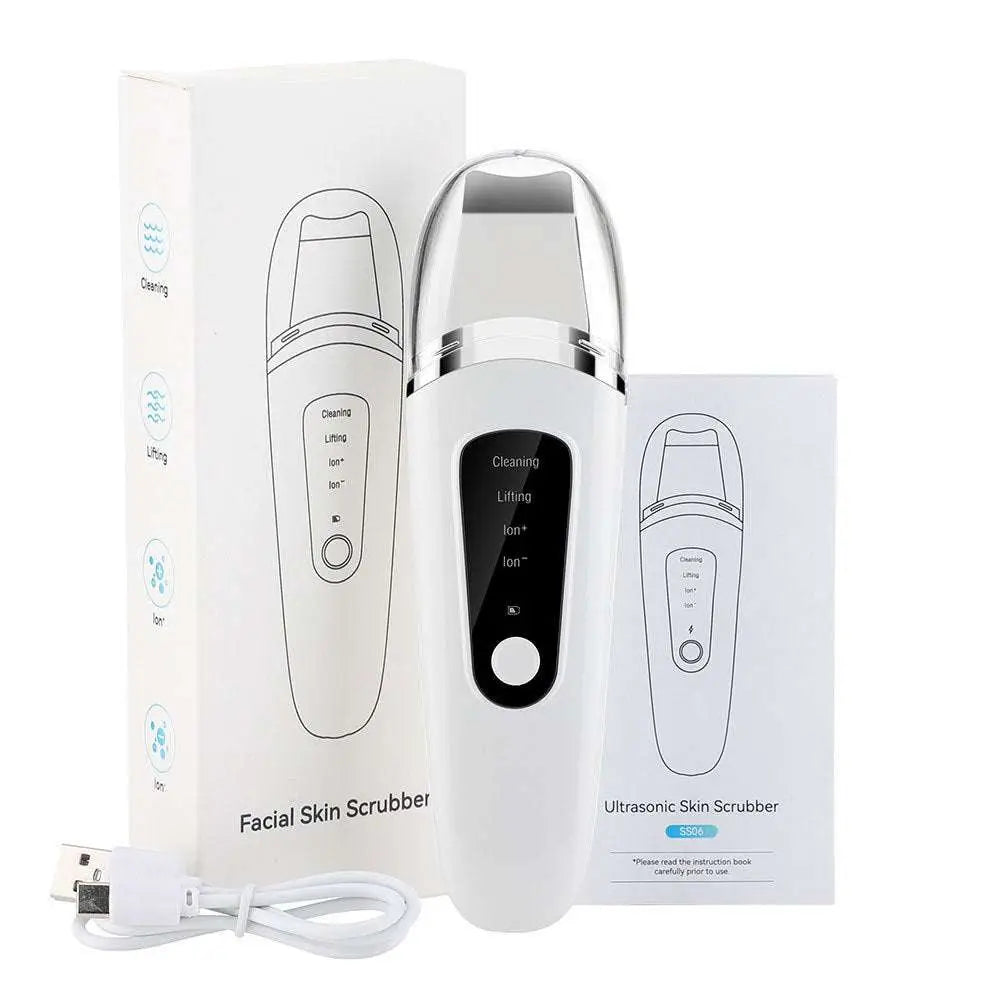 White and silver ultrasonic facial skin scrubber with usb rechargeable ergonomic design for ultrasonic deep cleansing and anti-acne function
