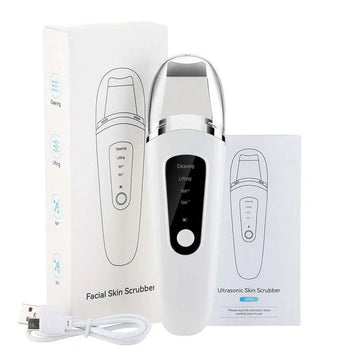 White and silver ultrasonic facial skin scrubber with usb rechargeable ergonomic design for ultrasonic deep cleansing and anti-acne function