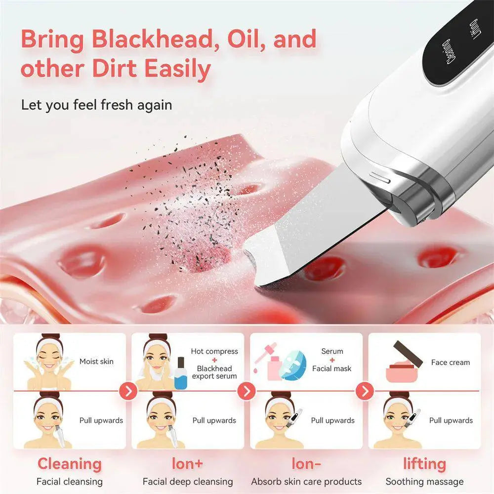 White and silver ultrasonic facial skin scrubber deep cleansing tool with anti-acne function and usb rechargeable design