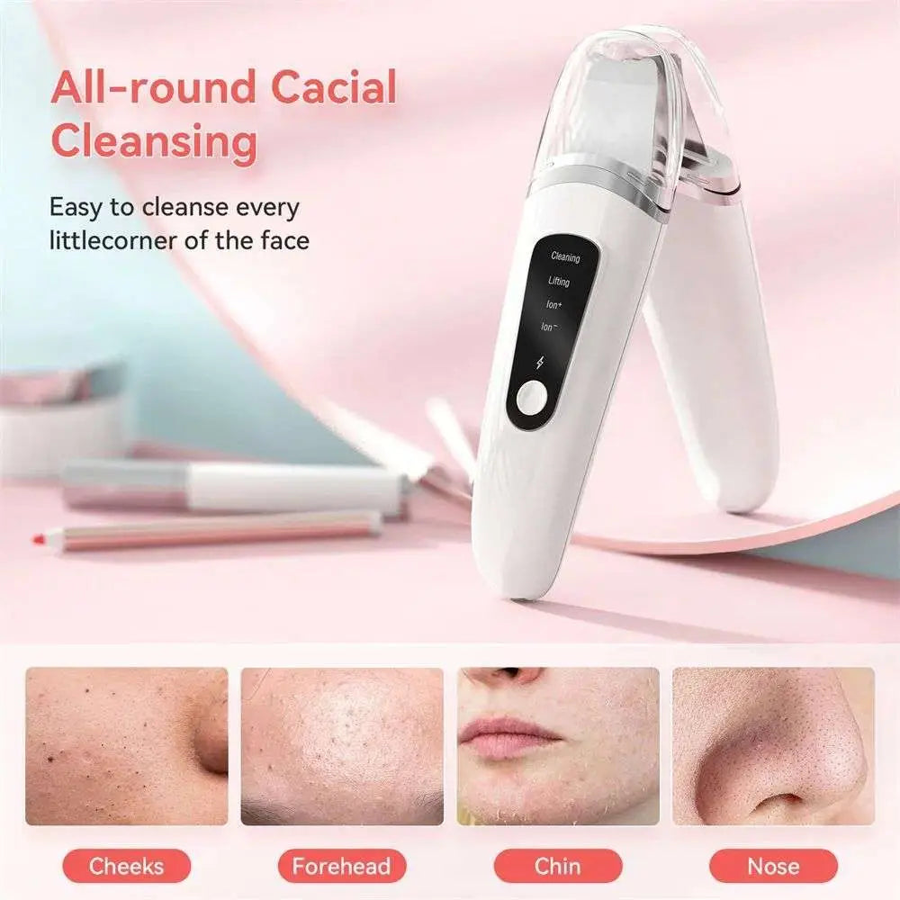 White and transparent ultrasonic facial skin scrubber with ergonomic design usb rechargeable for deep cleansing and anti-acne function