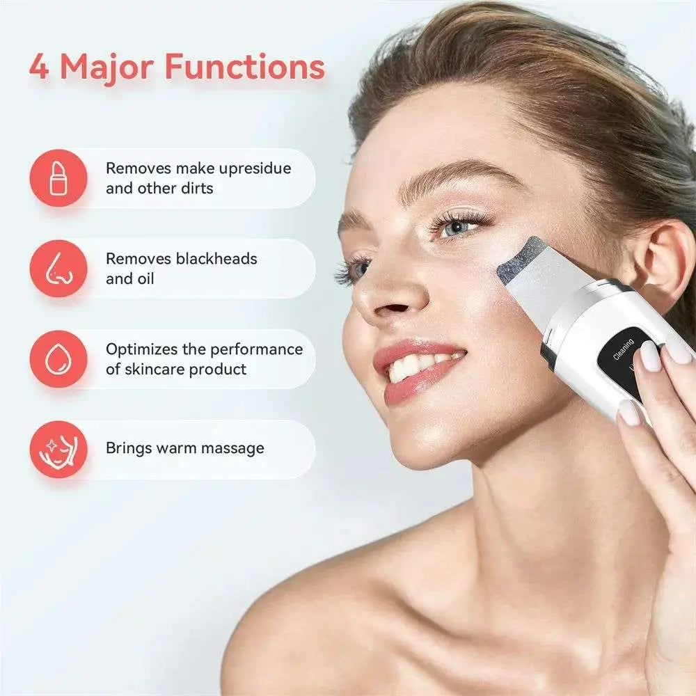 White and black ultrasonic facial skin scrubber deep cleansing tool with textured head used on cheek for anti-acne function usb rechargeable