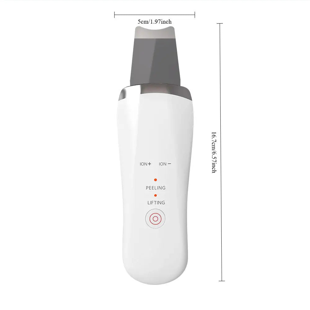 White and gray ultrasonic skin scrubber exfoliating device with sleek ergonomic design and dust-proof silicone cover