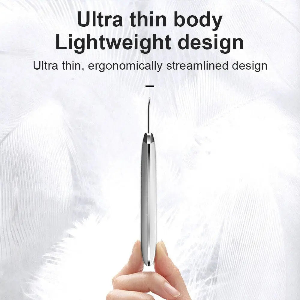 Silver-toned ultrasonic skin scrubber exfoliating device with ultra-thin ergonomic design and dust-proof silicone cover