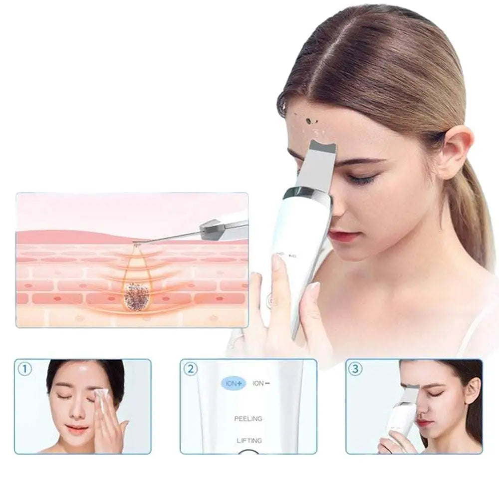 White and silver ultrasonic skin scrubber exfoliating device with sleek ergonomic design and dust-proof silicone cover