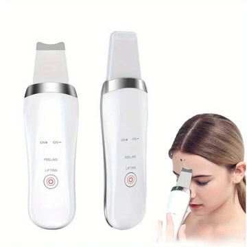 White and silver ultrasonic skin scrubber exfoliating device with interchangeable heads and dust-proof silicone cover