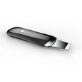 Black and silver ultrasonic skin scrubber exfoliating device with dust-proof silicone cover and sleek ergonomic design