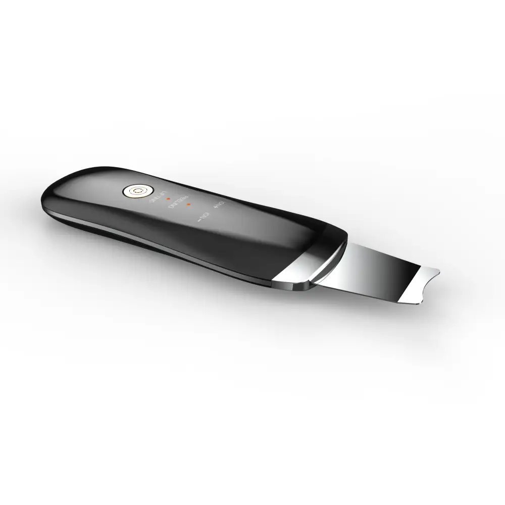 Black and silver ultrasonic skin scrubber exfoliating device with dust-proof silicone cover and sleek ergonomic design