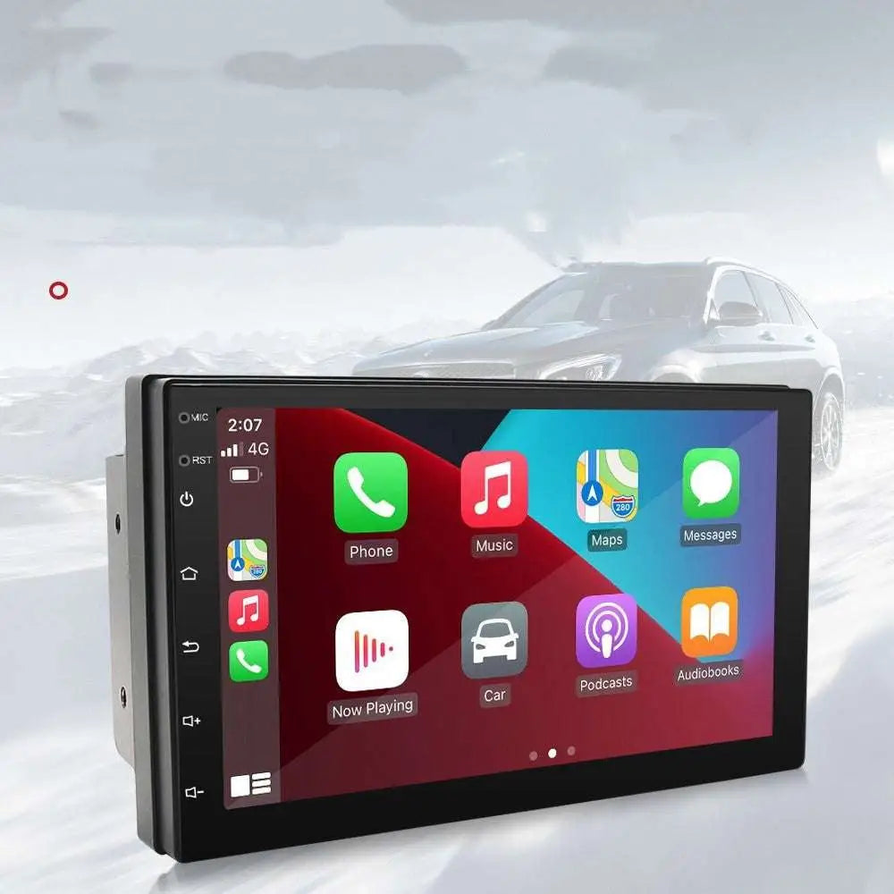 Black-framed universal carplay mp5 navigation integrated radio with touchscreen displaying colorful app icons