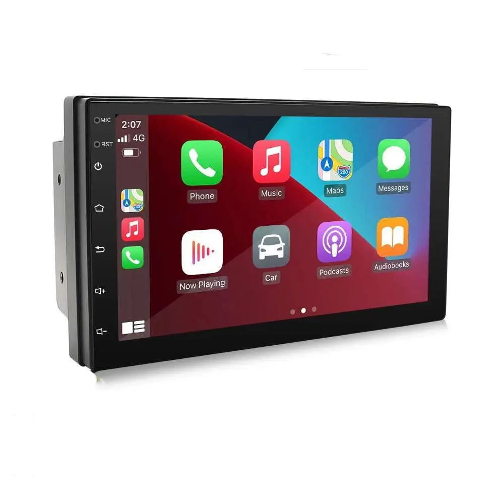 Black-framed universal carplay mp5 navigation integrated radio with touchscreen displaying colorful app icons