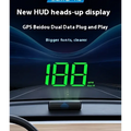 Green digital speed display showing 108 mph on car windshield using a universal head-up display car gps velometer