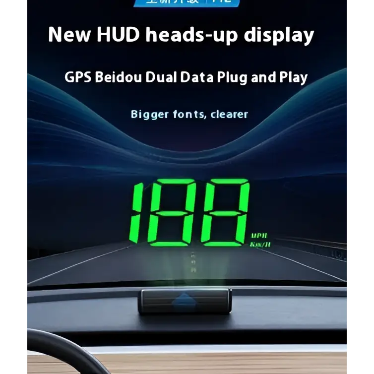 Green digital speed display showing 108 mph on car windshield using a universal head-up display car gps velometer