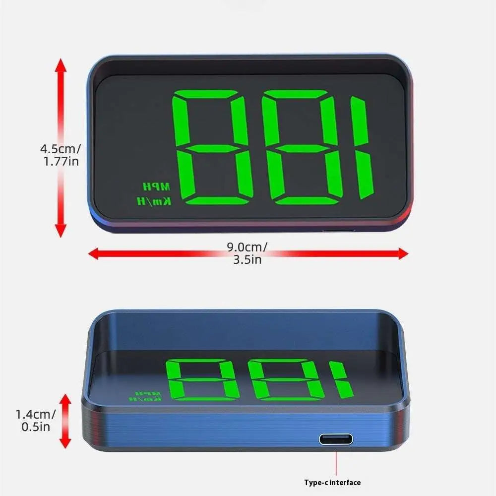 Blue rectangular universal head-up display car gps velometer with green digital speed and type-c charging port