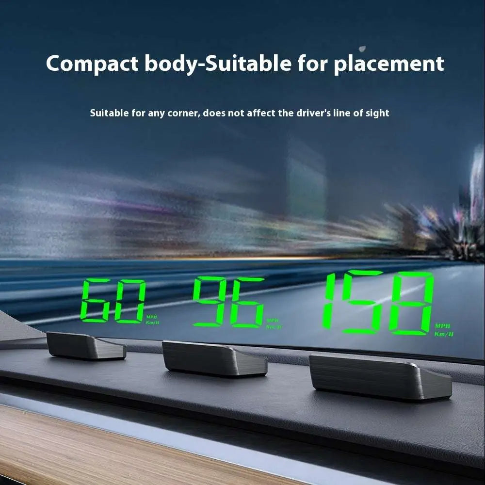 Black rectangular universal head-up display car gps velometer with horizontal ridges and green digital speed for vehicles