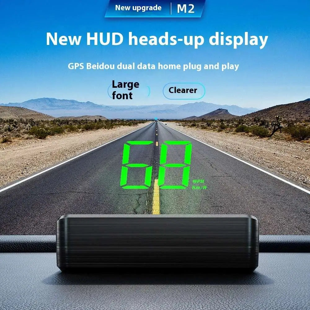 Black rectangular universal head-up display car gps velometer with horizontal ridges and green digital speed for vehicles