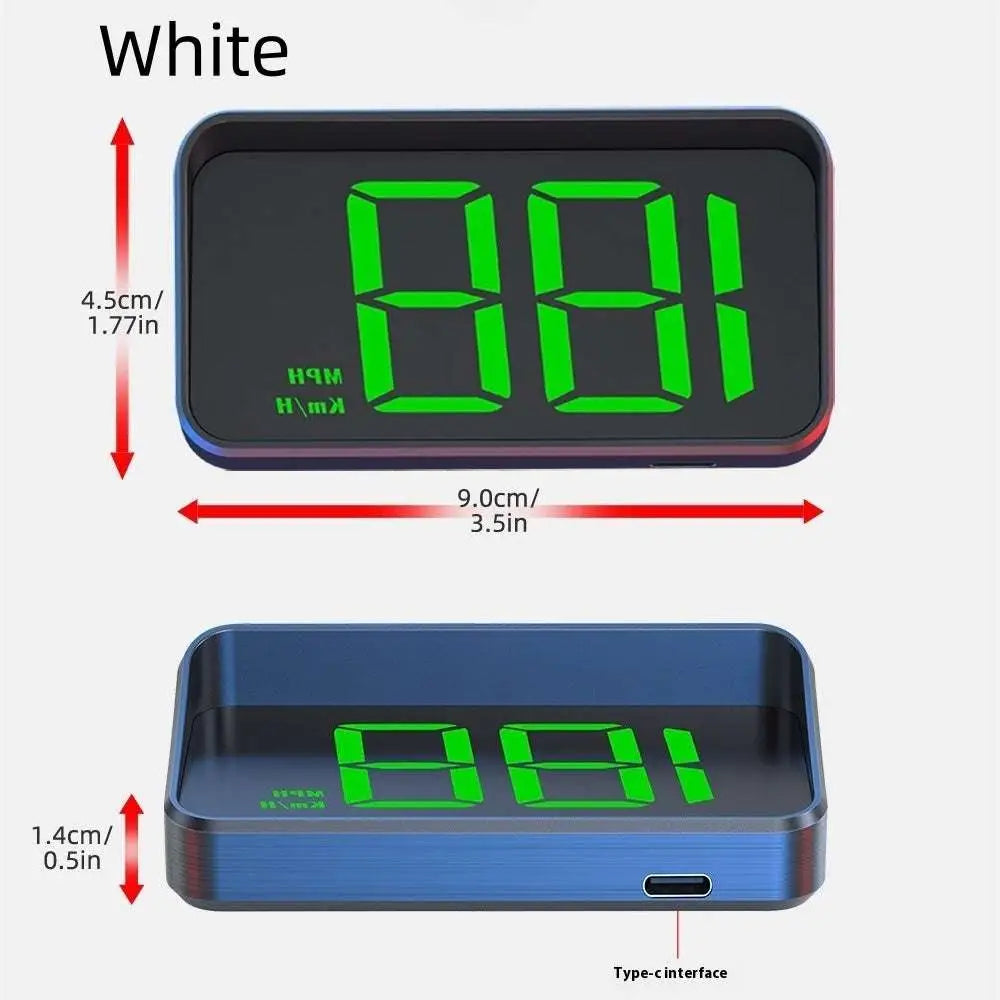White rectangular universal head-up display car gps velometer with green digital speed led and type-c charging port