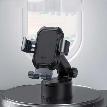 Black plastic car phone mount with adjustable arms and suction cup base universal navigation bracket for cars