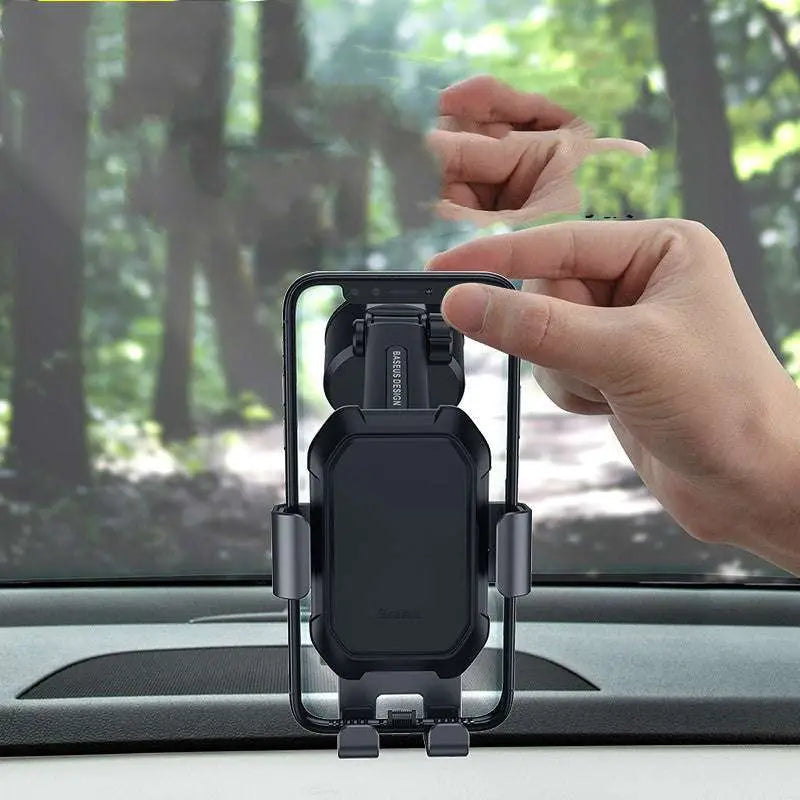 Black magnetic car phone mount with adjustable arms and suction cup base universal navigation bracket design