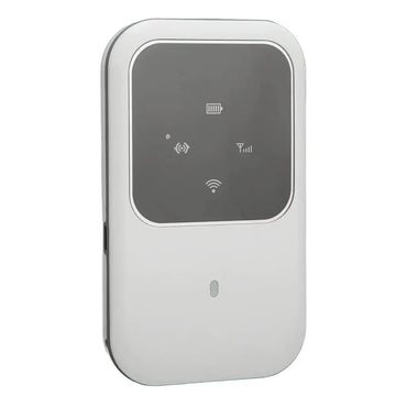 White unlocked 4g lte mobile hotspot portable router with rounded edges and dark gray display panel showing status icons