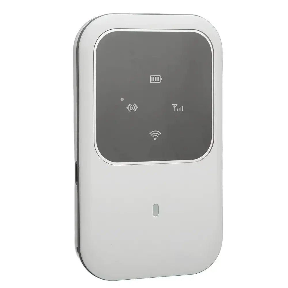 White unlocked 4g lte mobile hotspot portable router with rounded edges and dark gray display panel showing status icons