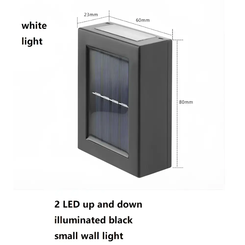Black rectangular solar powered garden wall light with white led illumination and up and down solar power technology