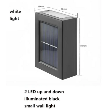 Black rectangular solar powered garden wall light with white led illumination and up and down solar power technology