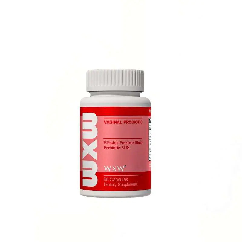 White plastic bottle with red label and white cap for uro women’s probiotic capsules containing 60 vaginal probiotic capsules