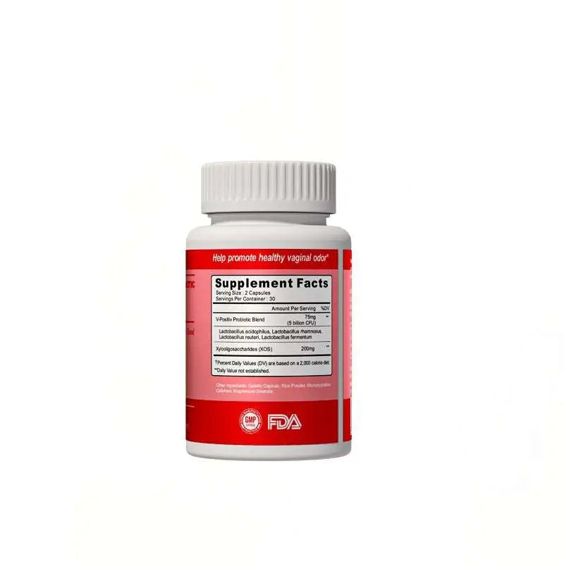 White plastic bottle with a red label and white ribbed cap showing supplement facts for uro women’s probiotic capsules designed for women