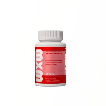 White plastic bottle with red label and white cap of uro women’s probiotic capsules designed for vaginal health containing 60 capsules
