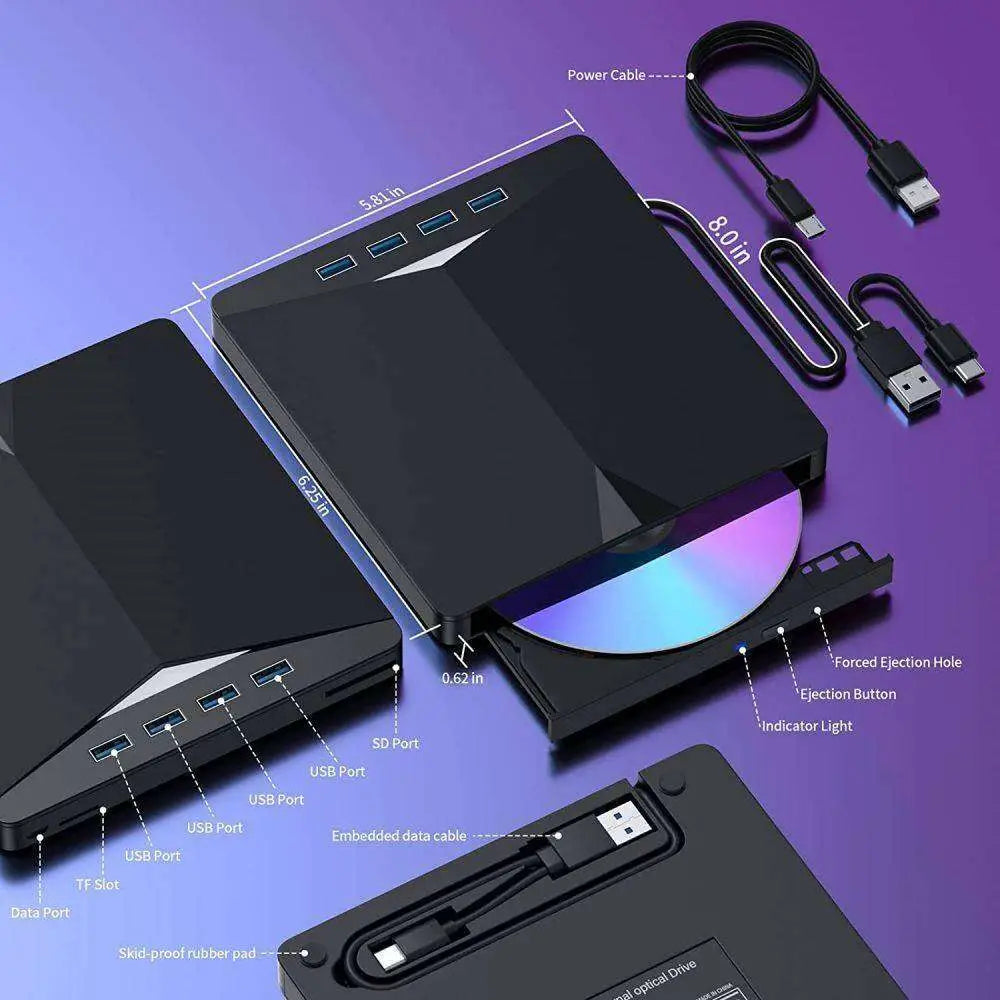 Black usb 3.0 type c external cd dvd drive with sleek modern design multiple usb ports and built-in sd card slot