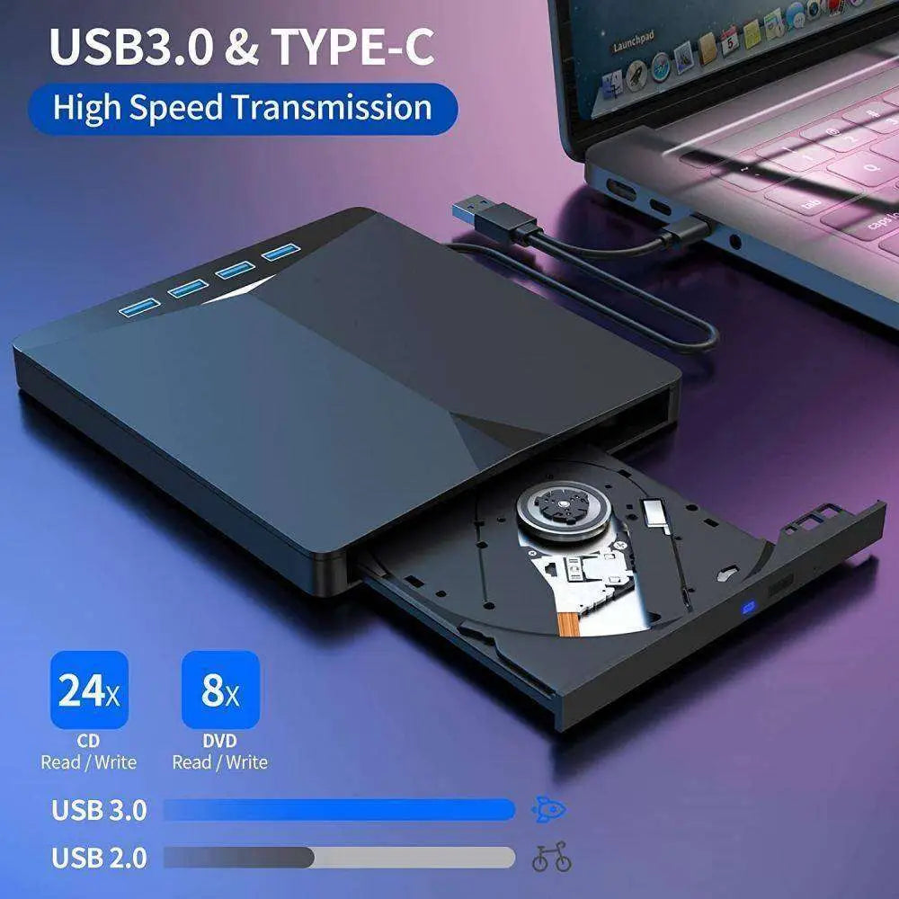 Black usb 3.0 type c external cd dvd drive with sleek modern design and blue led indicators for read write speeds