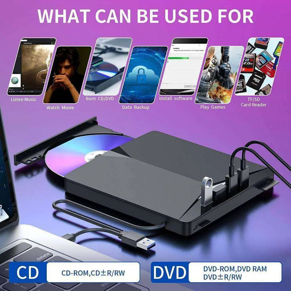 Black external cd dvd drive usb with sleek modern design multiple ports for usb 3.0 type c tf sd card compatibility