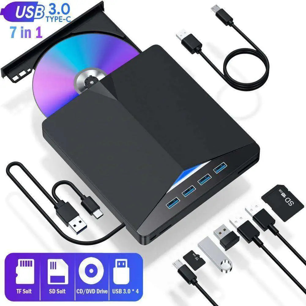Black usb 3.0 type c external cd dvd drive with multiple ports and sleek modern design for versatile connectivity