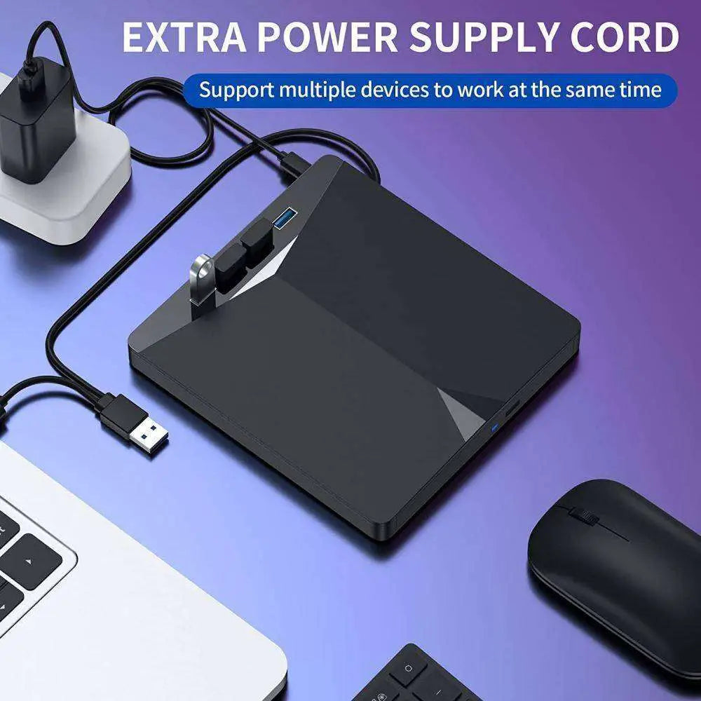 Black rectangular usb 3.0 type c external cd dvd drive with multiple ports and a sleek modern design and glossy finish